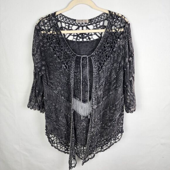 Origami By Vivien Lace Crochet Black Gray Tie Front Cardigan Size S/M Festival - Picture 1 of 6